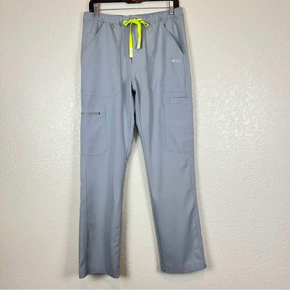 Figs Women's Gray Scrub Pants with Neon Yellow Drawstring